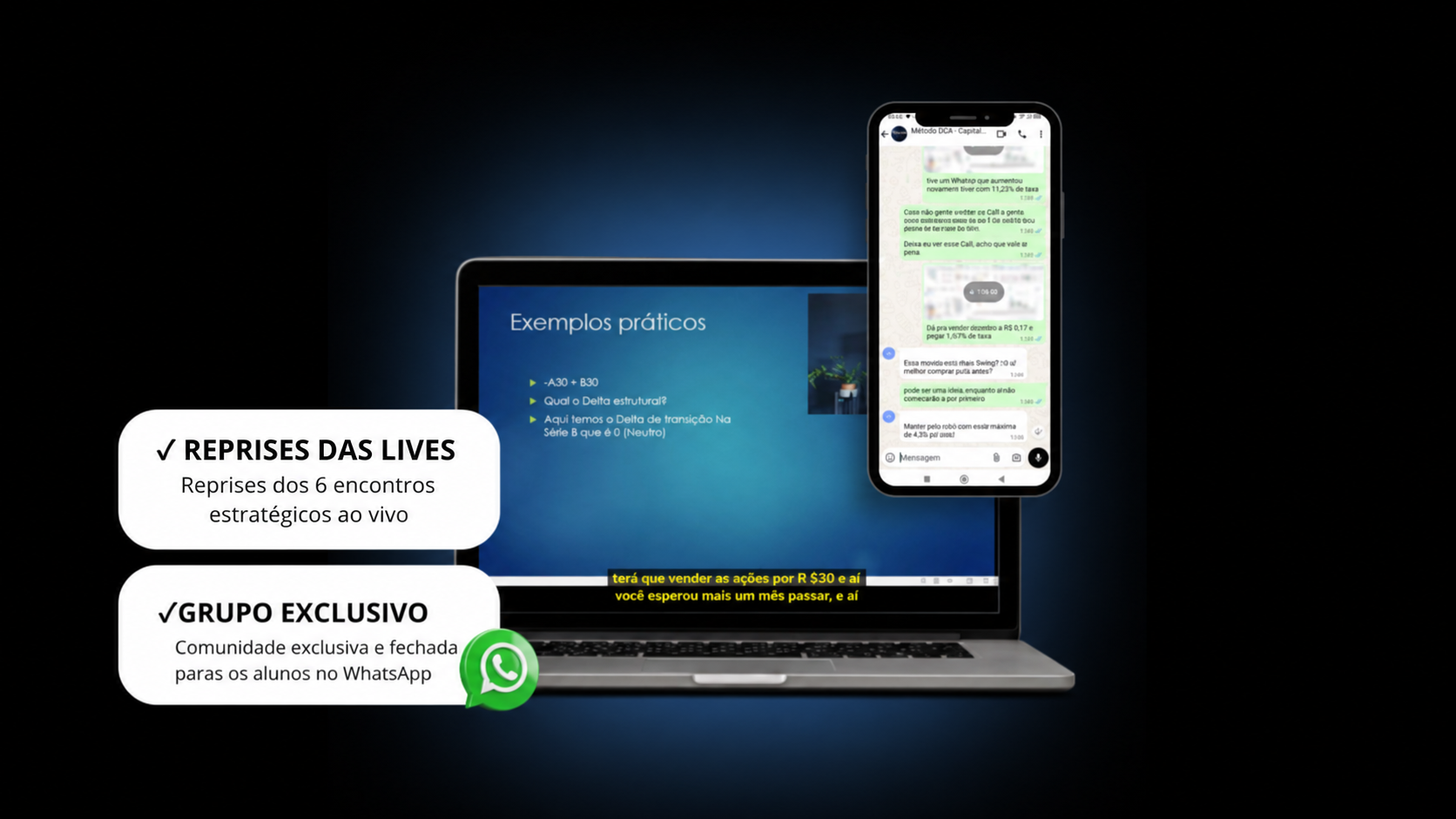 Reprises dos 6 encontros estratégicos ao vivo e grupo exclusivo no WhatsApp